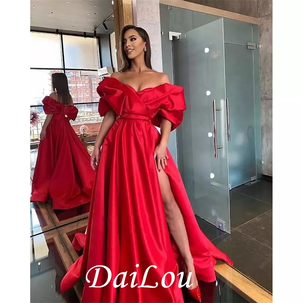 dinner gown Gorgeous Long Satin Evening Dress Red For Bride With Sleeves Off the Shoulder Party Sexy Prom Gowns With Side Slit 2021 black formal dresses