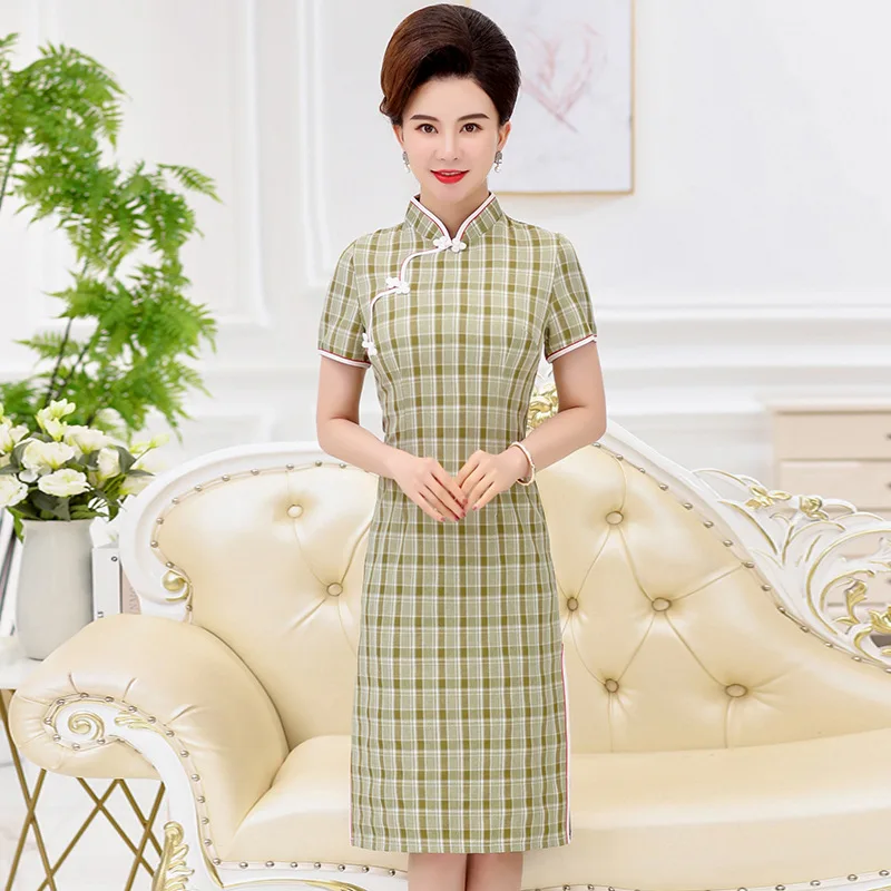 

New Style Cotton Plaid Cheongsam Short 2019 Spring Summer Vintage Improved Slim Fit Slimming Dress-Style Elegant Women's