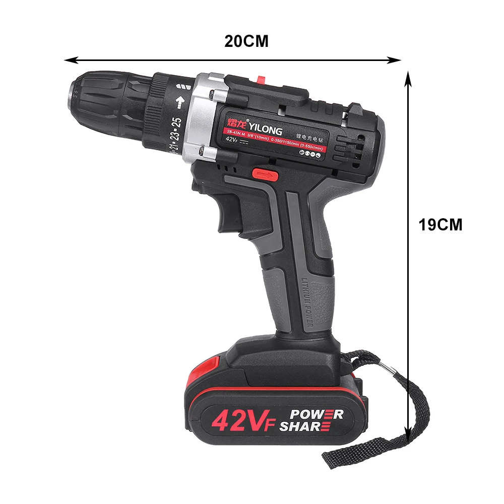 42 в 15 уровней крутящий момент Электрическая отвертка Бытовая перезаряжаемая Беспроводная ударное воздействие дрель мощность Драйвер 1/2 DC Li батарея 10 мм