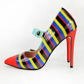 

LAIGZEM Asymmetric Women Heels Mary Janes Pumps Stripes Party Dress Wedding Shoes Woman 4 Seasons Large Size 44 45 46 47
