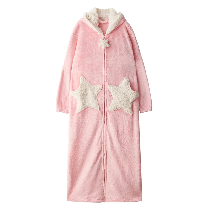 Autumn And Winter Robe Plus Long Robe Coral Velvet Couple Nightgown Thickening Five-pointed Star Pocket Hooded Long Home Robe