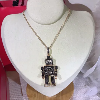 

High Fashion Luxury Zircon Lovely Black Robot Pendant Necklace For Women Men Rose Gold Color Chain Fine Jewelry