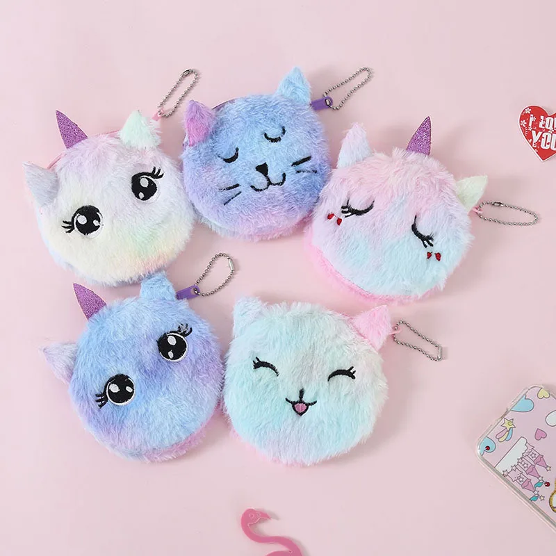 

Cartoon Plush Unicorn Coin Purse Cute Cat Fur Circle Wallet Girls Clutch Embroidered Bag Key Earphone Organizer Pouch Kids Gifts