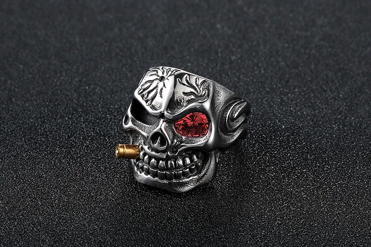 Stainless Steel Ring Finger Ring Men's Hip Hop Punk Red Eye Skull Bite Bullet Jewelry