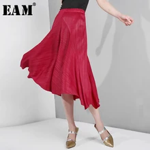 [EAM] Новинка Весна Лето высокая эластичная талия красная Асимметричная плиссированная юбка с разрезом темперамент Половина тела Женская мода YD0090