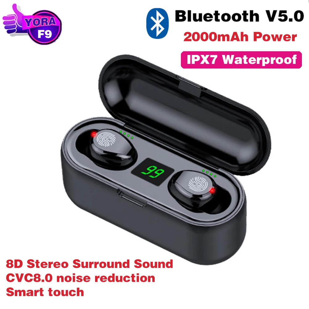 Bluetooth беспроводные наушники V5.0 F9 TWS 8D стерео гарнитура светодиодный дисплей с 2000