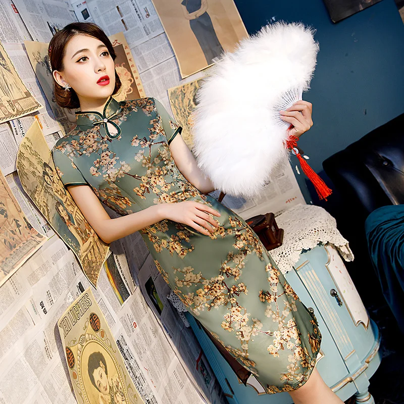 Китайское женское летнее платье, винтажное атласное платье-Ципао с воротником-стойкой, с цветочным принтом, Элегантное свадебное платье
