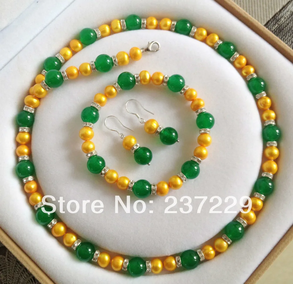 Wholesale price FREE aNew!Golden Akoya Cultured Pearl/Green Jade necklace Bracelet Earrings Set (A0423) | Украшения и аксессуары