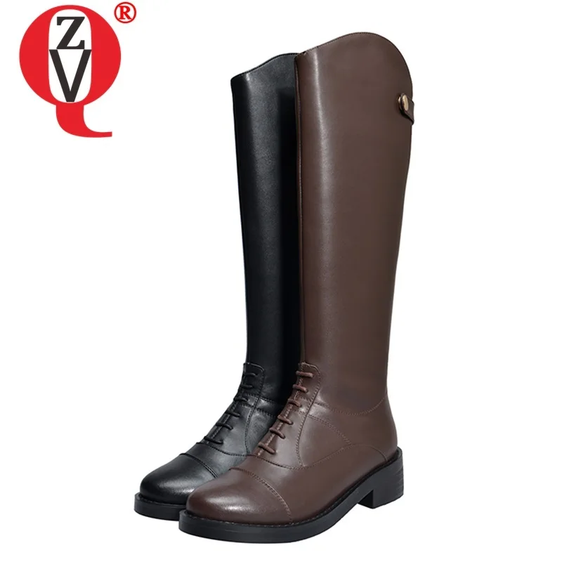 

ZVQ winter new casual knee high boots outside mid heels round toe handmade genuine leather women shoes drop shipping size 33-40