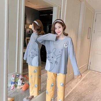 

Pajamas Sets Women Striped 100% Cotton Carton Fashion Women Long Sleeve Sleepwear Suit 2 piece Sexy Spring Home Lounge Gift
