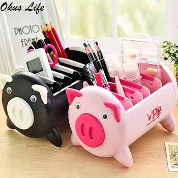 

Cute Pig Storage Box Desktop 4 Storage Compartments Organizer Box Desk Accessories Remote Control Holder Plastic Container