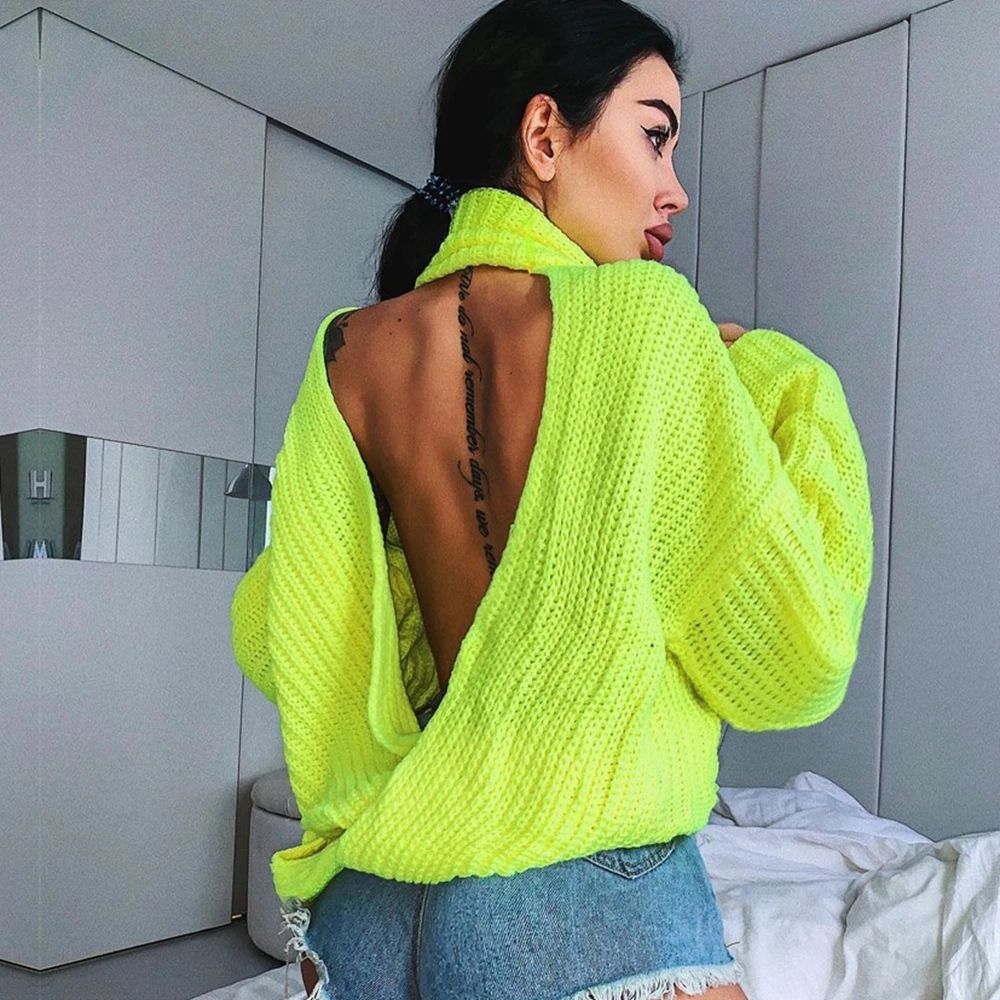 

Turtleneck Sweaters Neon Backless Sweater Women Autumn Spring CrissCross Pullovers Sexy Jumpers Oversized Sweater Pull Femme