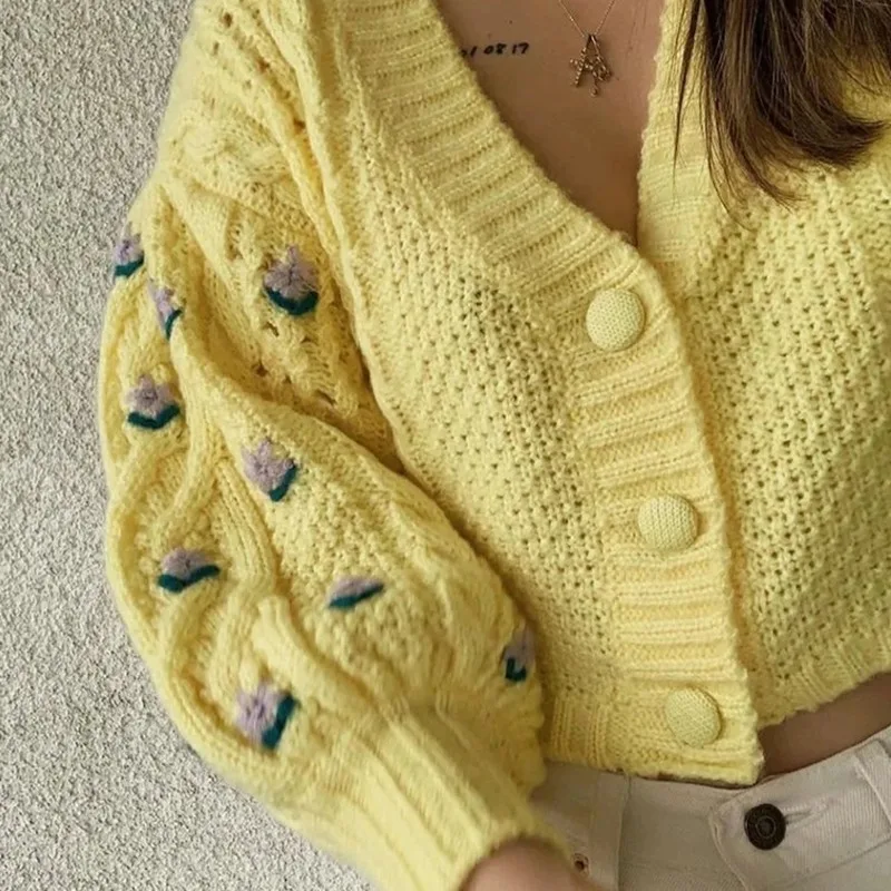 

European and American French sweet flower embroidery lantern sleeves V-neck single-breasted hollow sweater jacket women