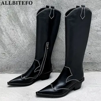 

ALLBITEFO High quality genuine leather+PU pointed toe women boots Autumn Winter women knee high boots concise fashion boots