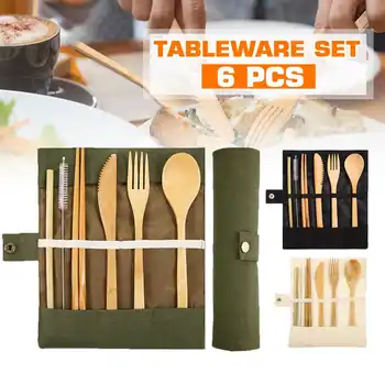 

6 Pcs Tableware Natural Eco-Friendly Bamboo Cutlery Tableware Dinnerware Sets Wood Fork Spoon Cutlery Set