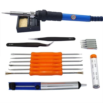 

1 set of 60W 220V Electric Iron Kit, Adjustable Temperature Soldering Iron Bag, 5 Tips, Desolder Pump, 2 Tweezers, Tin Tube, Bra