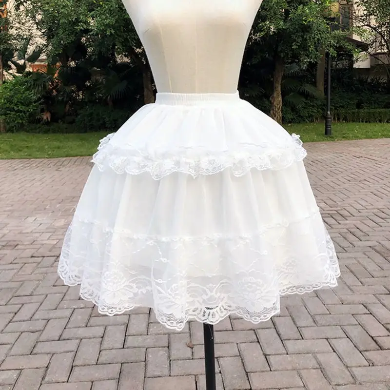 

Women Girls Lolita Cosplay Short Petticoat Ruffles Floral Lace 2 Hoop Underskirt Trim Pettiskirt Removable Fish Bone