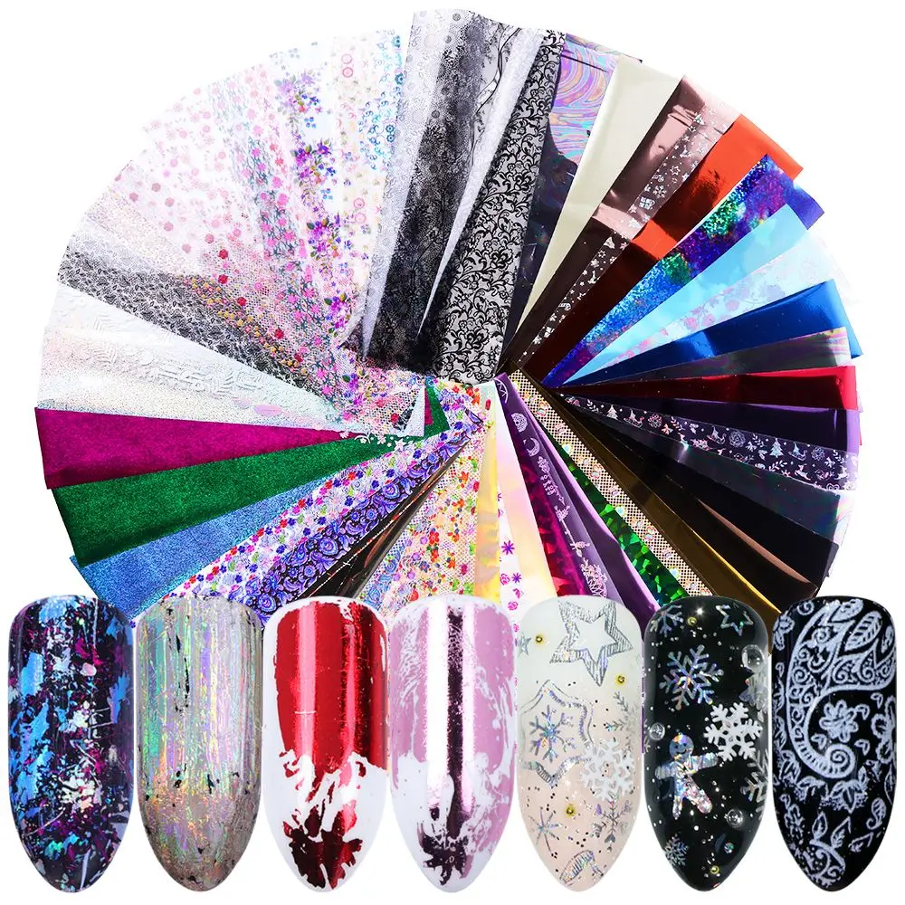 

50pc Holographic Nail Foil Colorful Mix Design Laser Starry Paper Transfer Stickers Sliders For Nail Art Decoration Decals