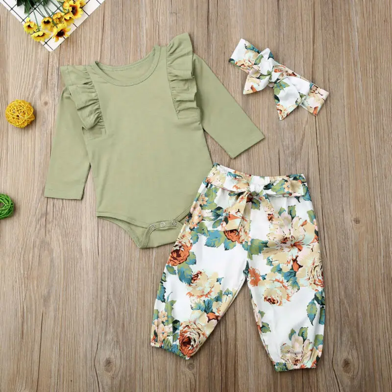 

Newborn Kid Baby Girl 3PCS Outfit Ruffle Romper Tops Floral Pants Clothes Set
