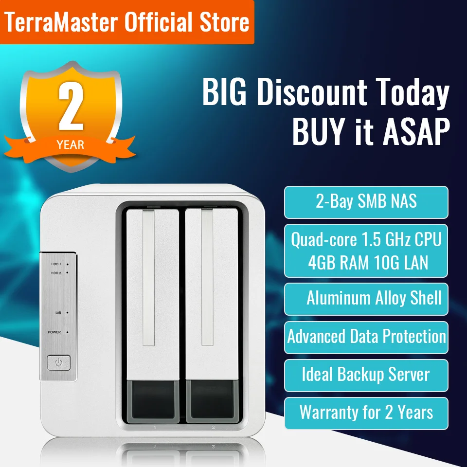 Сетевое хранилище TerraMaster F2-422 10GbE NAS 2-Bay четырехъядерный процессор Intel с аппаратным