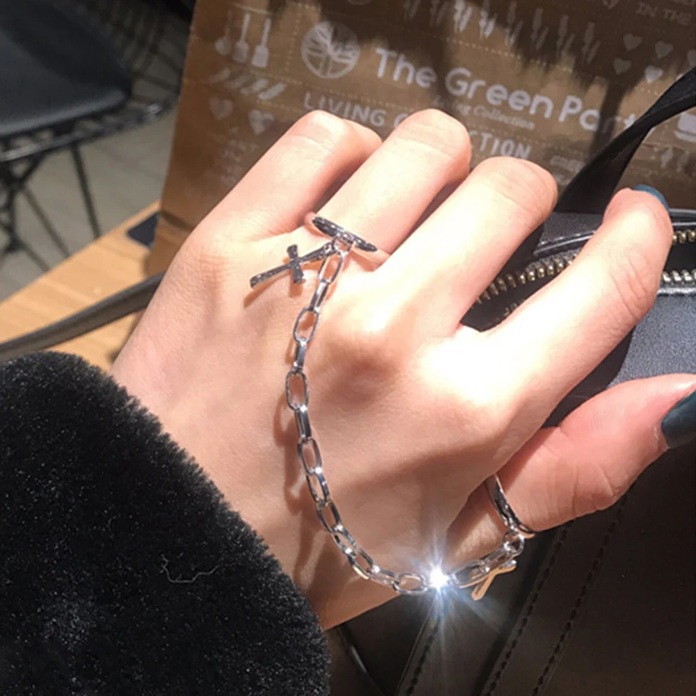 

Vintage Hip Hop Punk Plated Silver Metal Cross Ring Chain Adjustable Joint Ring Finger Rings for Women men Party Jewelry Gifts