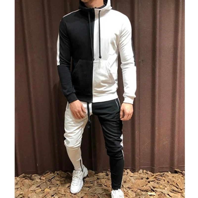 Top white black HIRIGIN, Осенние повседневные мужские спортивные костюмы, наборы, толстовки на молнии, облегающие топы, штаны, Мужской пуловер, толстовка, длинные штаны - Цвет: Top white black