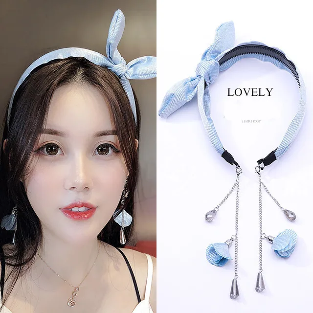 Women Removable Earring Ribbon Hairband Hair Hoop with Eardrop Headband Fashion Dangler Head Band Hair Accessories Headwear sky blue