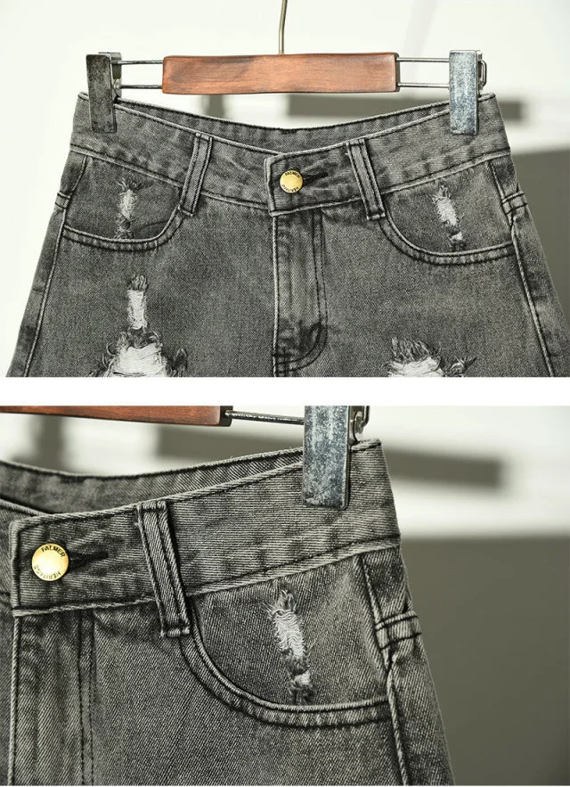 Plus Size Summer Casual Female Straight Mini Shorts Harajuku Jeans Vintage a-line High Waist Denim Hole Shorts for Women