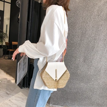 

Hexagon Mulit Style Straw+leather Handbag Women Summer Rattan Bag Handmade Woven Beach Circle Bohemia Shoulder Bag boho bag