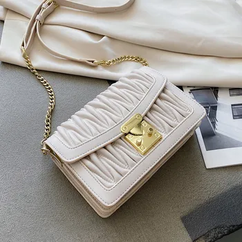 

Women's High Quality Leather Pleated Shoulder Bag Fashion Lock Diamond Chain Bag Female 2020 New Summer Popular Messenger Bag