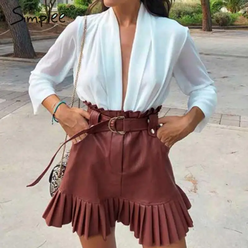 Tanie Simplee szarfa pasek PU skóra kobiet spódnica potargane wysokiej talii damska minispódniczka linii odzież klubowa panie seksowna krótka spódniczka