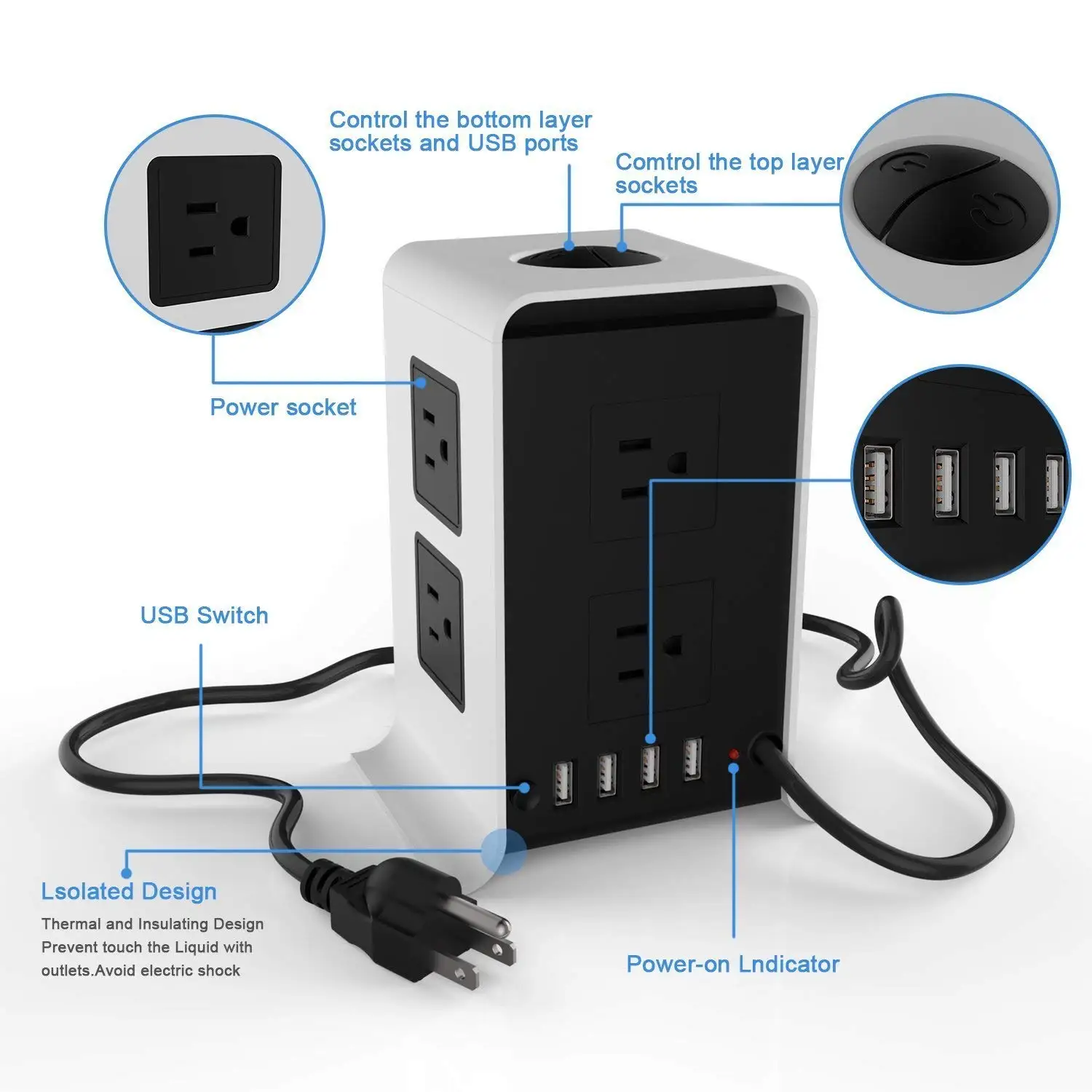 Вертикальный сетевой фильтр защита от перенапряжения с 8 розетками AC/US USB