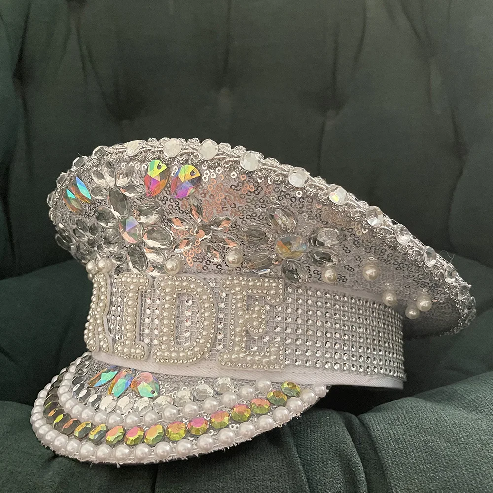 Women Sequin Burning Silver Bride Military Hat Handmade Sailor Captain Sergeant Hat Birthday Festival Part sailor hat women hats yacht captain hat women military hat