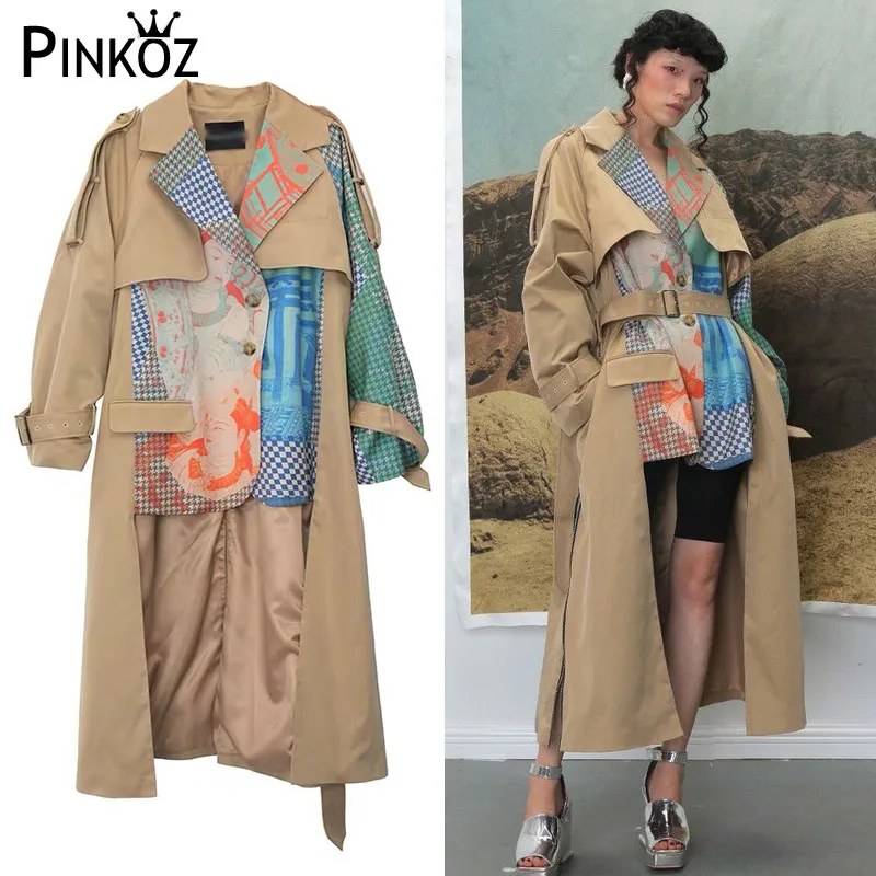 Pinkoz осенне-зимний женский плащ-Тренч в стиле пэчворк с принтом в виде карт с рукавами «летучая мышь» и поясом, свободная верхняя одежда