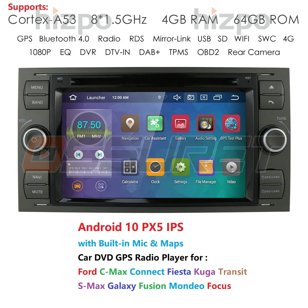 IPS DSP Octa Core Android 10 Android Q Car DVD Player for Ford Kuga Fusion Transit Fiesta Focus with DAB+ TMPS OBD SWC