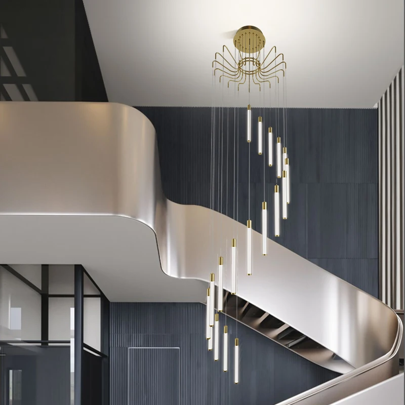 Black and Gold LED Chandelier Dining Room Stair Adjustable Pendant Lamp Kitchen Island Modern Creative Long Hanging Light