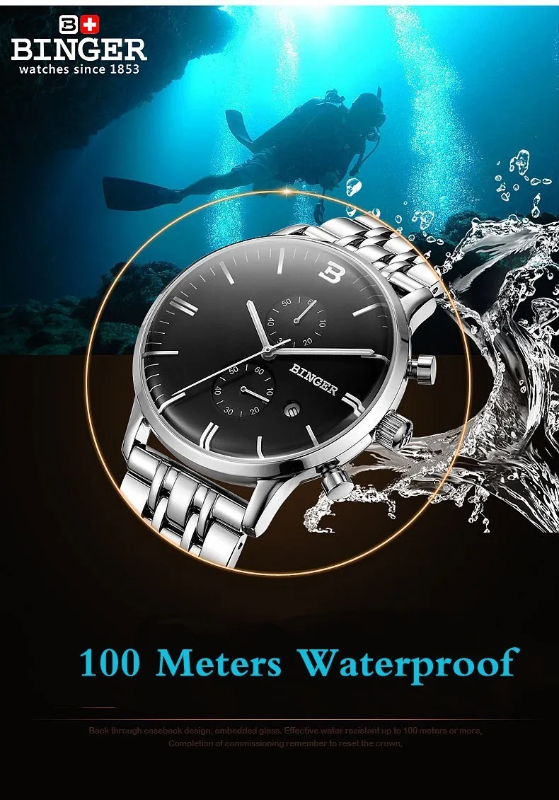 BINGER спортивные кварцевые часы мужские часы лучший бренд класса люкс Хронограф Кварцевые часы кожа розовое золото мужские наручные часы Relogio