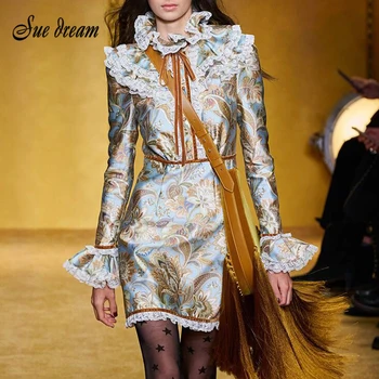 

Autumn 2020 New Women's Elegant Retro High Neck Print Long Sleeve Lace Ruffled Bow Holiday Mini Dress
