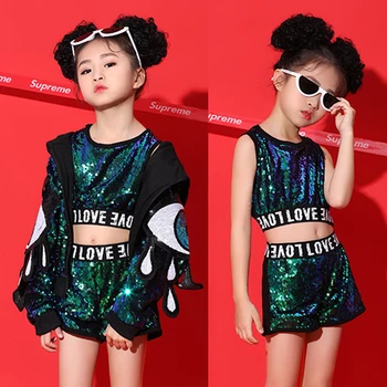 

2020 Children's Day Dance Costume For Girls Jazz Performance Clothing Stage Walk Show Sequin Cropped Vest Coat Hip Hop Suit 1664