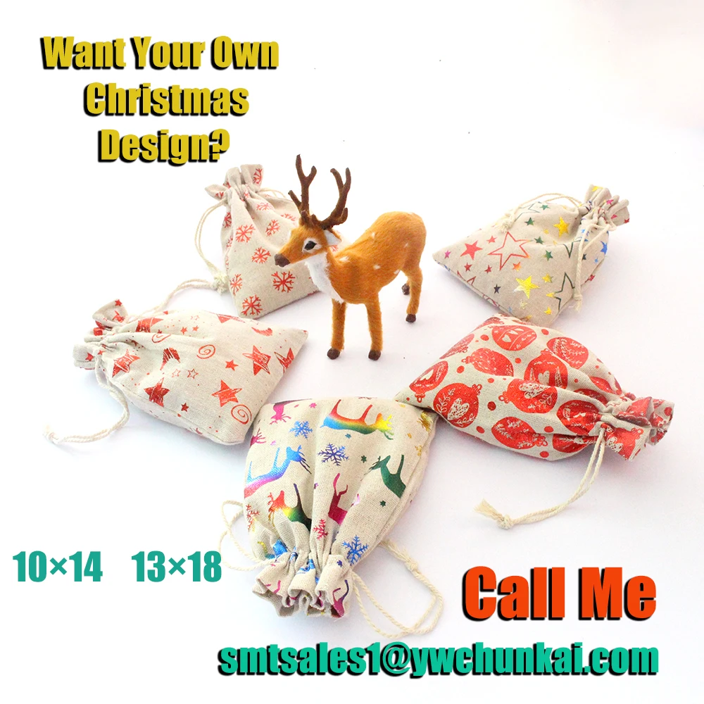 

19 Design Christmas Bag 10x14 13x18cm 5pcs/lot Muslin Candy Gifts Jewelry Packaging Bags Drawstring Gift Can Customized Logo