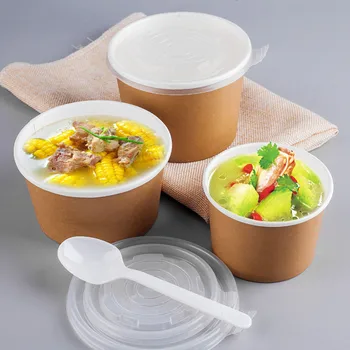 

50pcs Kraft paper soup bowl disposable salad bucket ice cream paper bowl round dessert porridge takeaway packaging box with lid