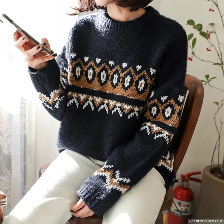 Women Winter Cristmas Sweater Jacquard Knitted Tops Pullovers Vintage Casual Plus Size Sueter Mujer Maglioni Donna Women Winter Cristmas Sweater Jacquard Knitted Tops Pullovers Vintage Casual Plus Size Sueter Mujer Maglioni Donna
