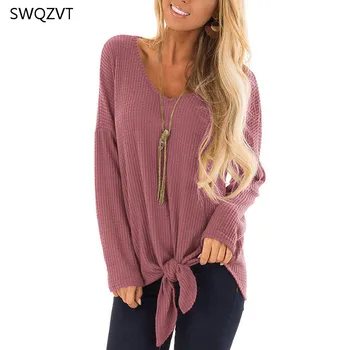 

Fashion Solid Color T-Shirt Women 2019 Casual Irregular Knotted Women Shirts Tops Plus Size Long Sleeve Ladies Tees Tops 2XL