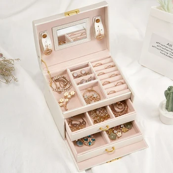 

Jewelry Box Mirrored 3-layer Large Capacity Jewelry Casket Makeup Organizer Earring Holder Makeup Storage Gift Boxes Jewelry