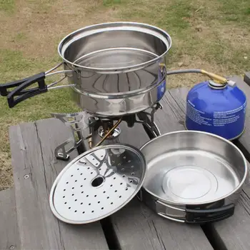 

Stainless Steel Outdoor Picnic Pot Pan Kit Camping Hiking Cookware Cover Cooking Set