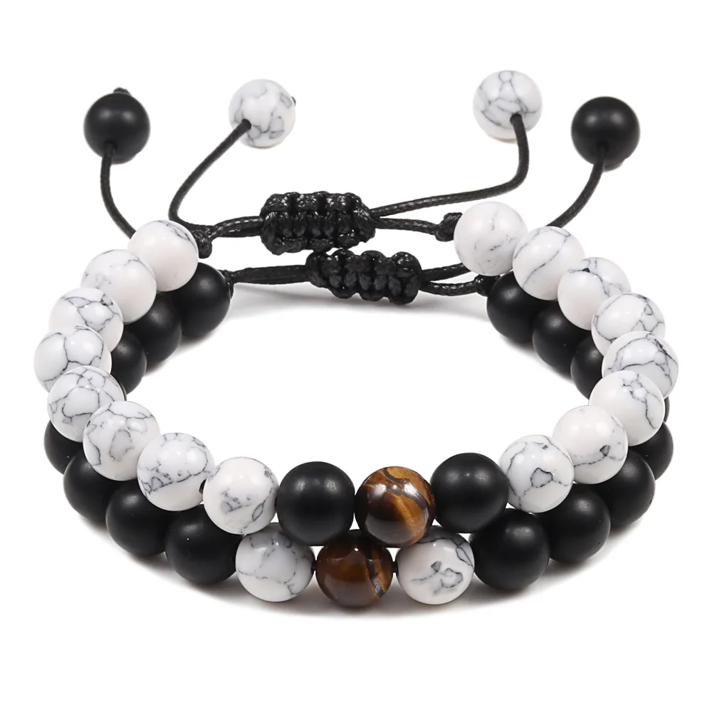 White Black 2 шт./компл. 9 Стиль пары расстояние тканных браслетов Натуральный камень браслет лунный камень для Для мужчин Для женщин Подарок другу Шарм ювелирные изделия - Окраска металла: White Black