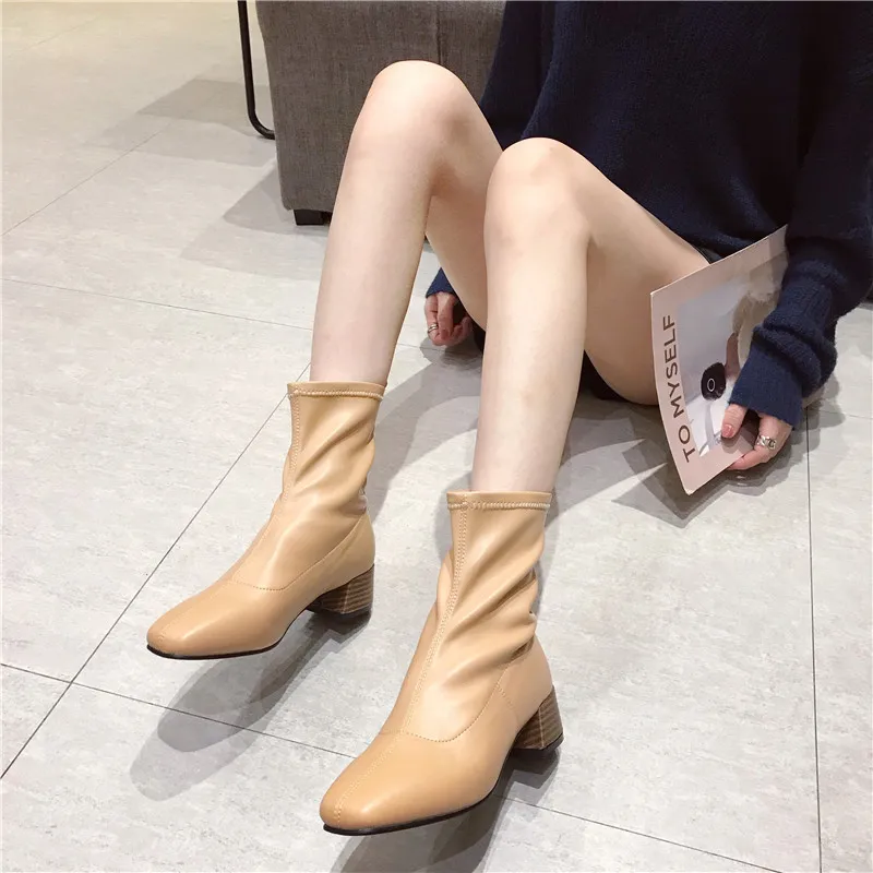 Bootee/ г. Женские ботинки на среднем каблуке со шнуровкой Женская обувь на резиновой подошве Роскошные Дизайнерские ботиночки для дождливой погоды Дамская Осенняя мода до середины икры