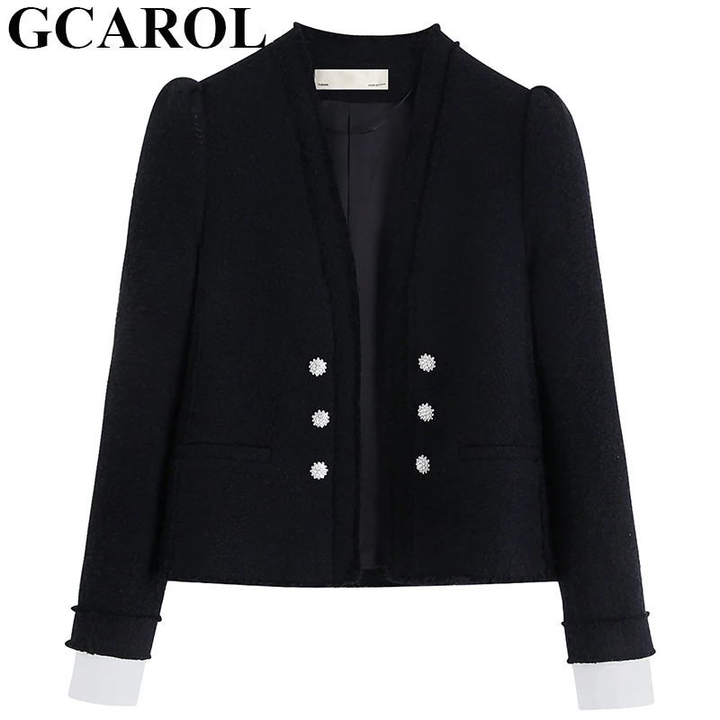 

GCAROL Women Solid Blazer Coats Double Breasted Suit Jackets Open Stitch Fall Winter OL Office Lady Short Elegant Outerwear
