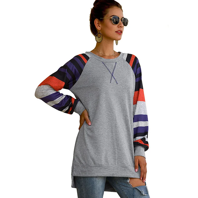 color 2 Siskakia Женская толстовка с длинным рукавом, топ, осень, новая мода, цветные полосы, Хит, цветная футболка с разрезом сбоку, Свободные повседневные футболки - Цвет: color 2