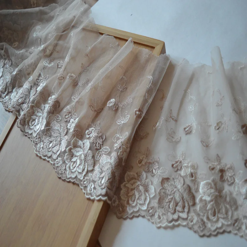 

11Meters Mesh Embroidery Lace Trim Coffee Flowers Clothing Accessories Handmade Skirt DIY Doll 17cm Width Trimming